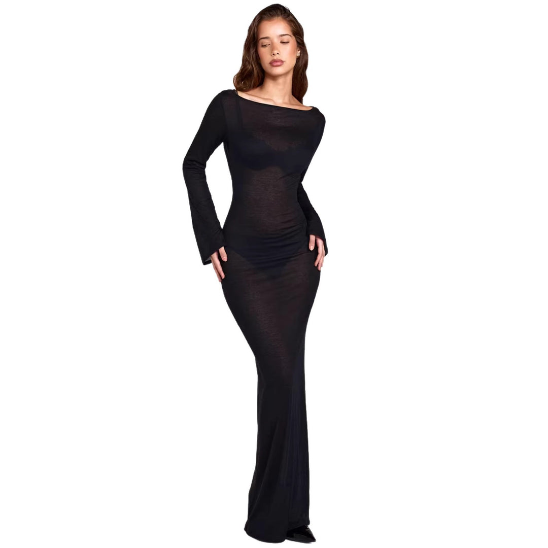 Damen elegantes langärmliges Maxikleid aus transparentem Stoff mit figurbetontem Schnitt EB