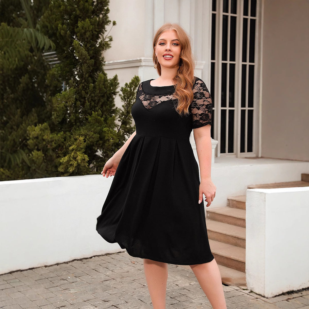 Damen Elegantes Kleid mit Spitzenärmel und schwingendem Rock EB