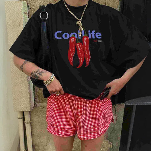 Damen Oversized T-Shirt mit kreativem Chili-Motiv und lässigem Schnitt EB