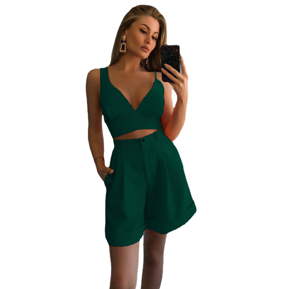 Damen trendiges Zweiteiler-Set mit tiefem V-Ausschnitt und weiten Shorts EB