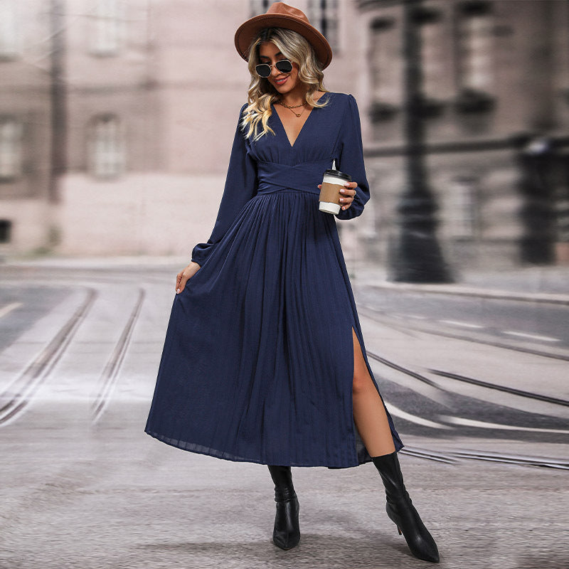 Damen Maxikleid mit V-Ausschnitt und langen Ärmeln EB