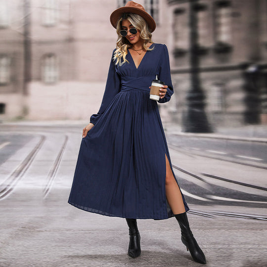 Damen Maxikleid mit V-Ausschnitt und langen Ärmeln EB