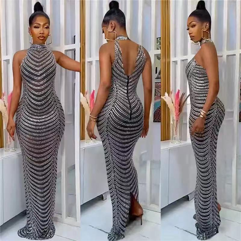 Damen Glamouröses Pailletten-Maxikleid mit figurbetontem Schnitt und schickem Rückenausschnitt EB