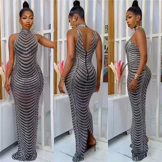 Damen Glamouröses Pailletten-Maxikleid mit figurbetontem Schnitt und schickem Rückenausschnitt EB