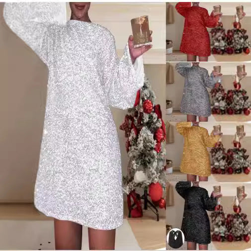 Damen Glitzerndes Minikleid mit weitem Schnitt und langen Ärmeln EB