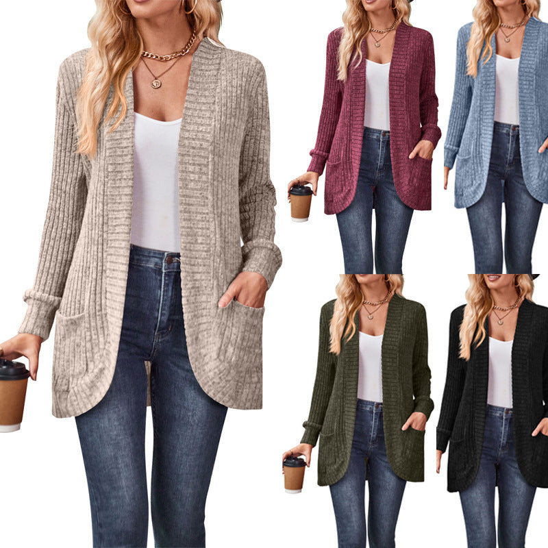 Damen nan langer gerippter Cardigan mit aufgesetzten Taschen und offener Front EB