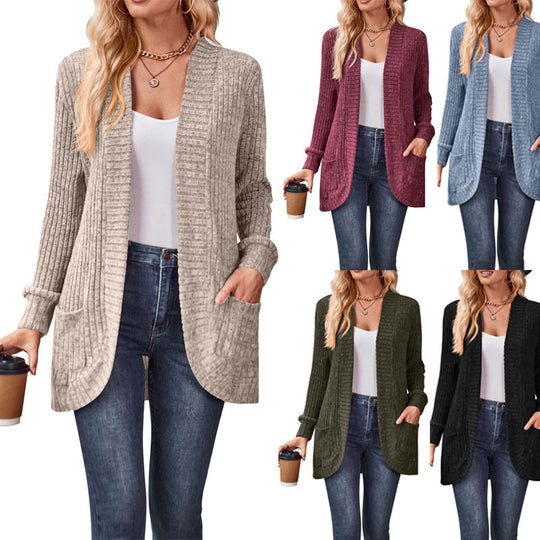 Damen nan langer gerippter Cardigan mit aufgesetzten Taschen und offener Front EB