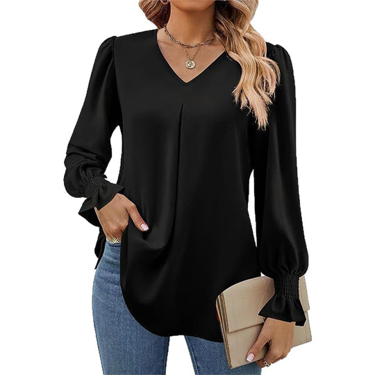 Damen fließende V-Ausschnitt Bluse mit eleganten Puffärmeln EB