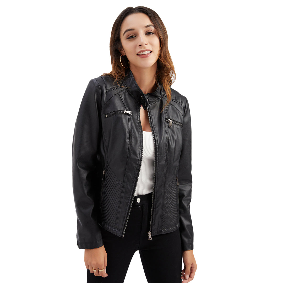 Damen nan taillierte Bikerjacke aus Kunstleder mit Stepppaneelen und Stehkragen EB