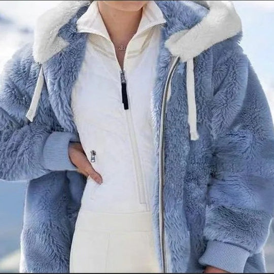 Damen Kuschelige Kunstpelzjacke mit Kapuze EB