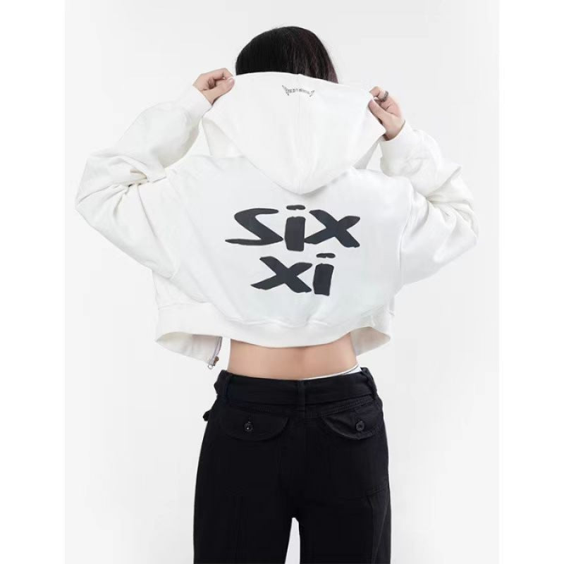 Damen nan cropped Kapuzenpullover im Streetwear-Style mit auffälligem Rückenprint und geripptem Saum EB