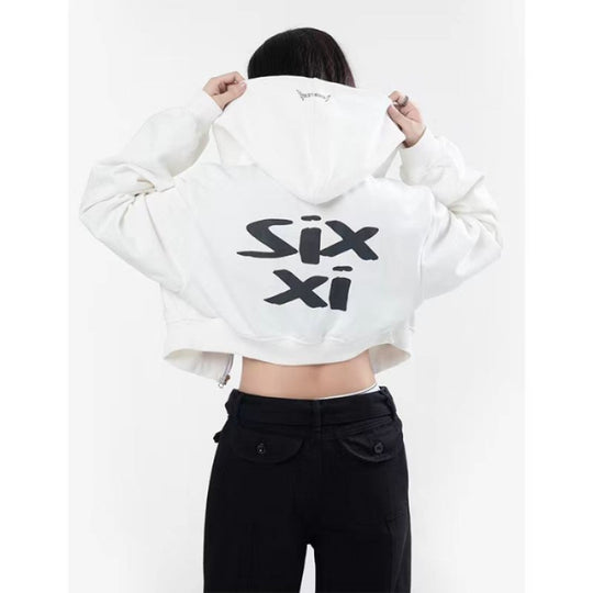 Damen nan cropped Kapuzenpullover im Streetwear-Style mit auffälligem Rückenprint und geripptem Saum EB