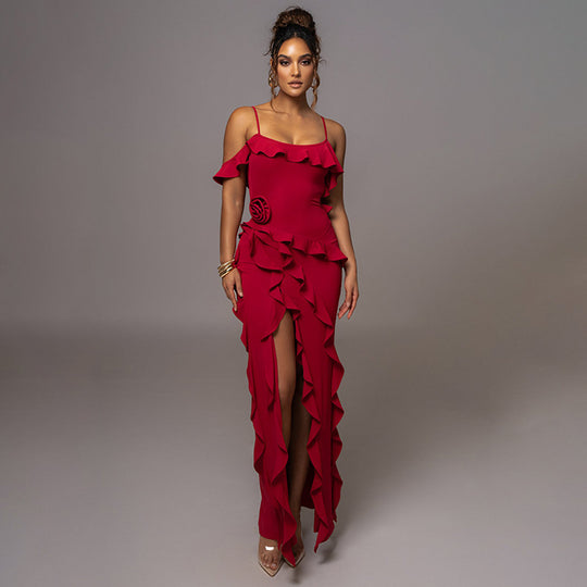 Damen Elegantes Rüschenskleid mit seitlichem Schlitz EB