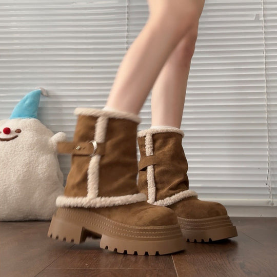 Damen kuschelige Winterstiefel mit modischer Schnallenverzierung EB