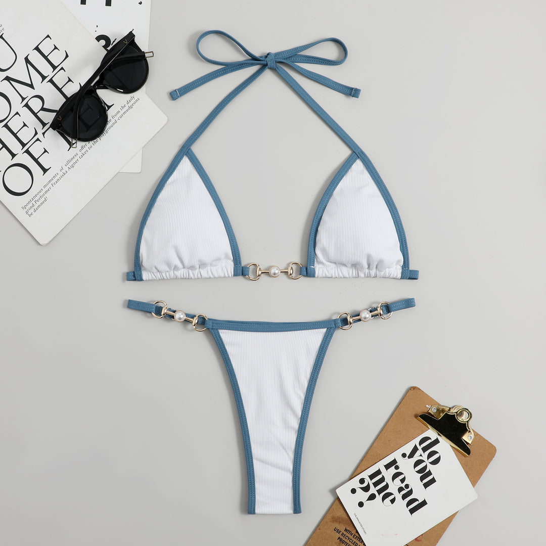 Damen Triangel-Bikini mit modischem Rippdesign und dekorativen Elementen EB