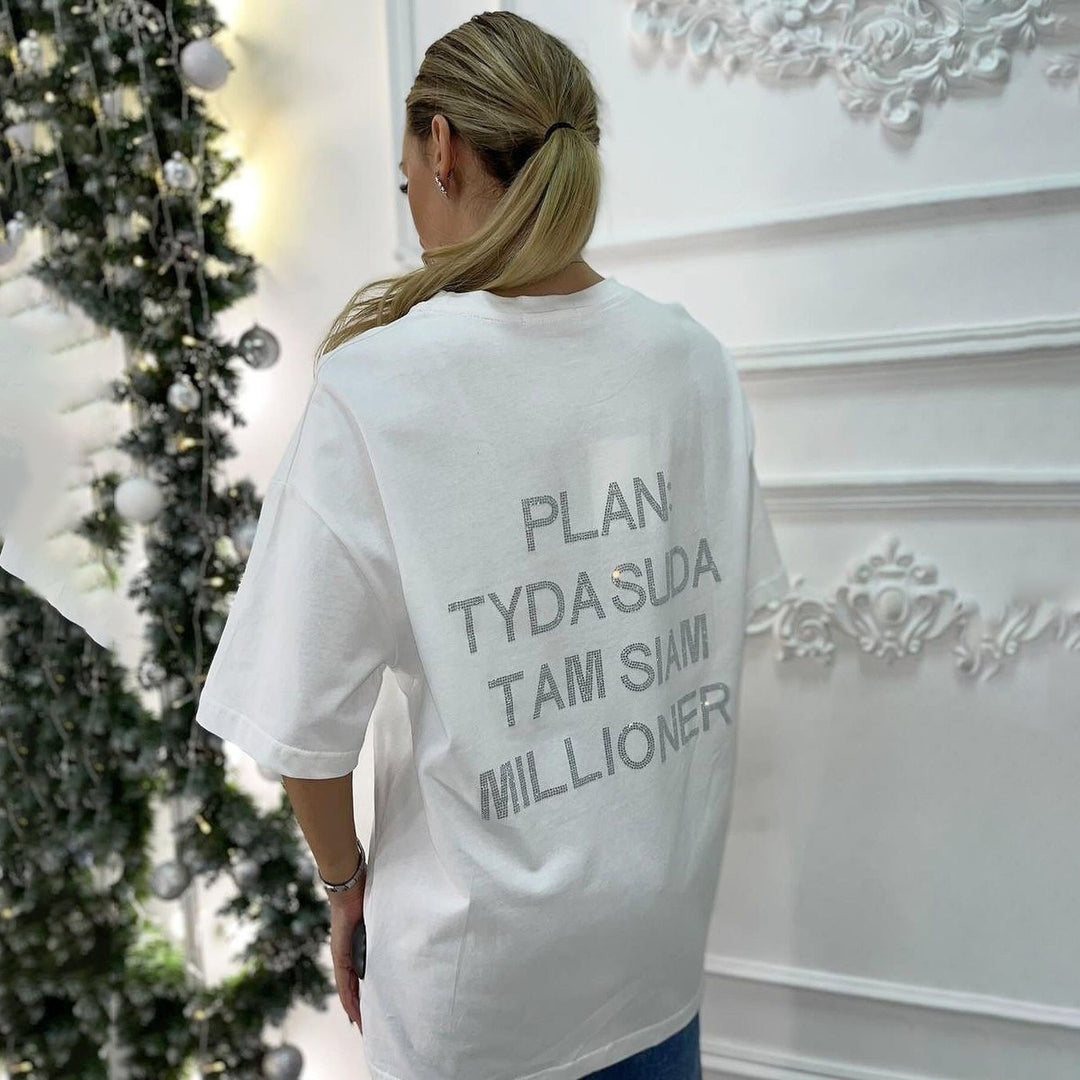 Damen oversized Statement-T-Shirt mit Strassschrift auf dem Rücken Eichborn Berlin