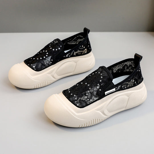 Damen bequeme Slip-On Sneakers mit luftiger Spitze und elastischem Riemen EB