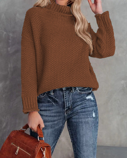 Damen kuscheliger Strickpullover mit hohem Kragen und luftiger Struktur EB