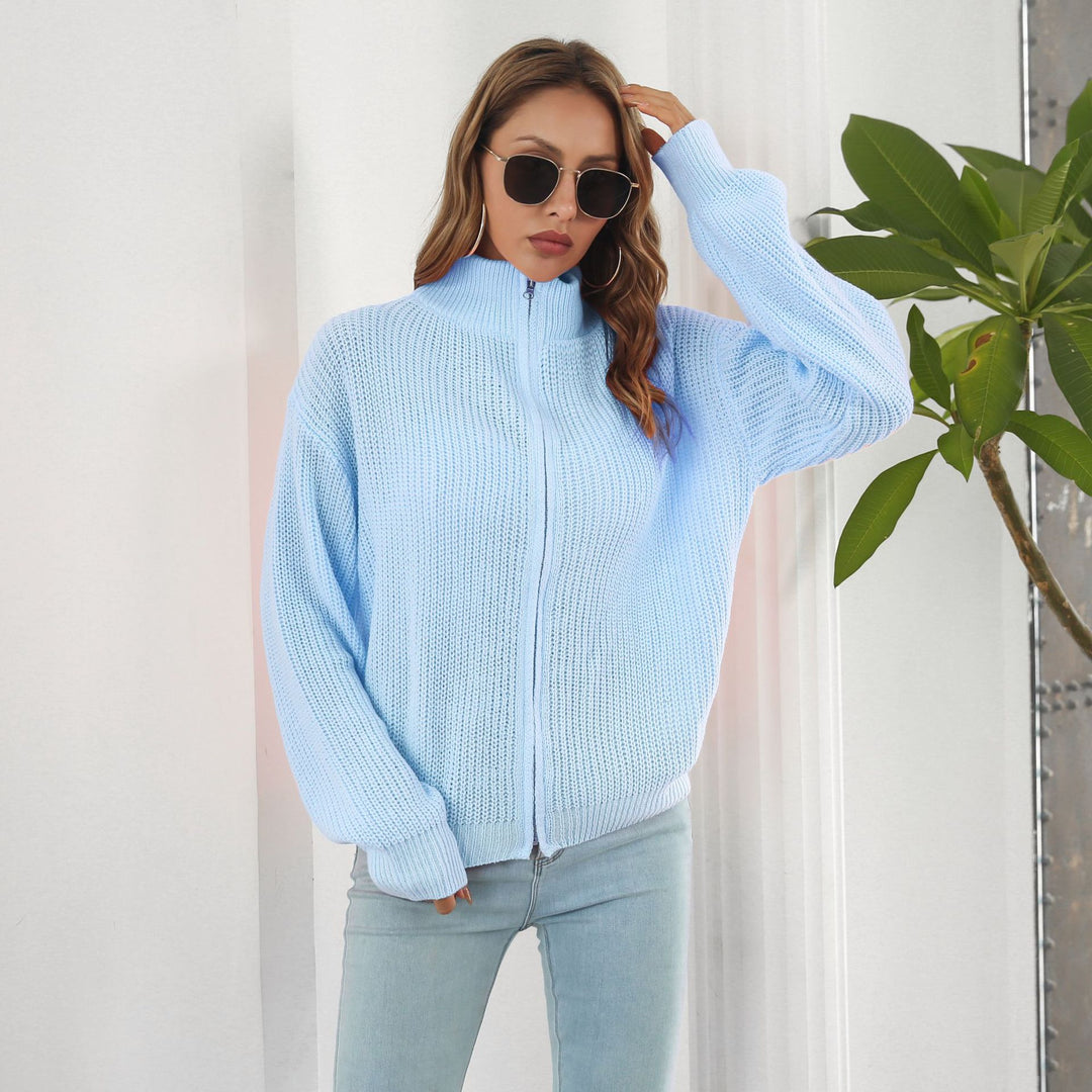 Damen lässiger Strickpulli mit hohem Kragen und Reißverschluss EB