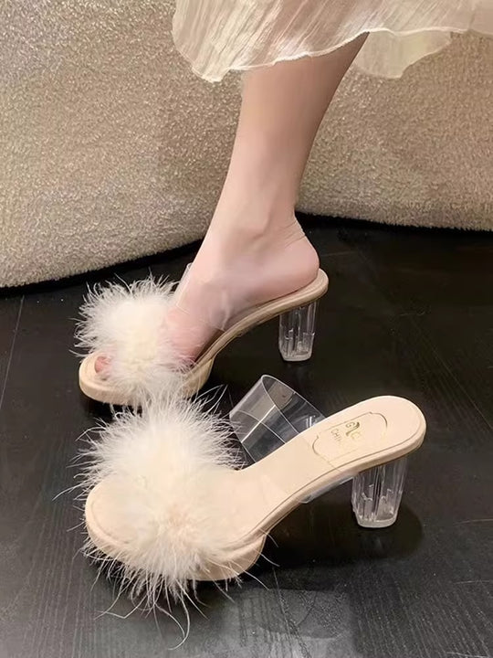 Damen elegante Mules mit transparentem Blockabsatz und feiner Fellverzierung EB
