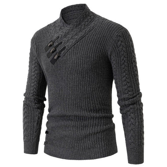 Herren nan Strickpullover mit Schalkragen, Zopfmuster und markanten Schnallenverschlüssen EB