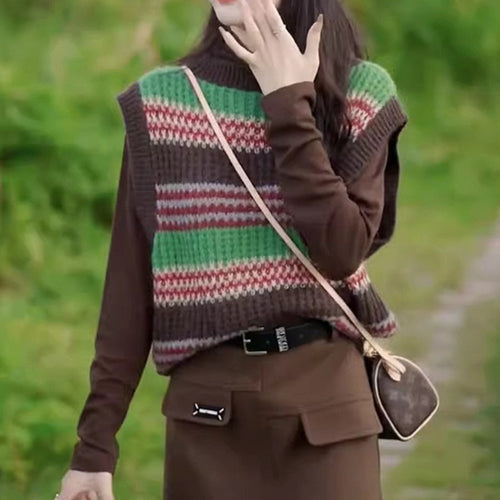 Damen lässiger Strickoversize-Pullover mit buntem Streifenmuster und ärmellosem Design EB