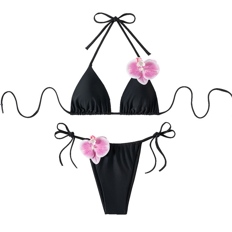 Damen Triangel-Bikini mit dekorativen Orchideen-Details EB