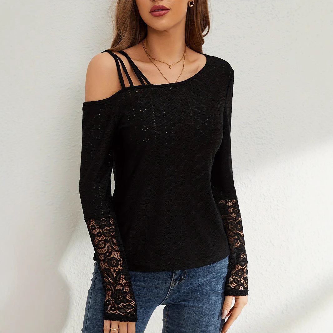 Damen Off-Shoulder Oberteil mit Spitzenbesatz und Trägerdesign EB
