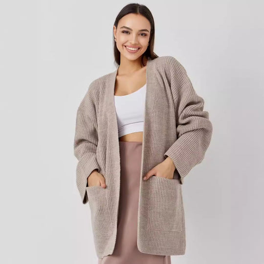 EB | Strickjacke Gestrickte Wollmischung Übergröße Lange Ärmel Offene Vorderseite