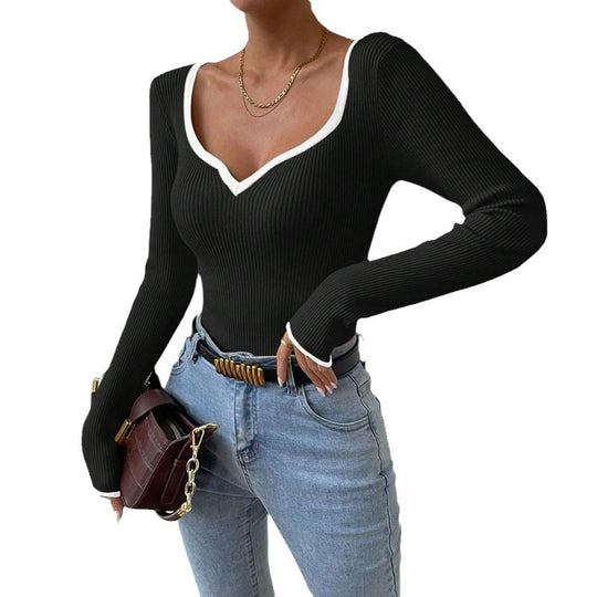 Damen Langarm-Bodysuit mit V-Ausschnitt und Kontrastdetails EB