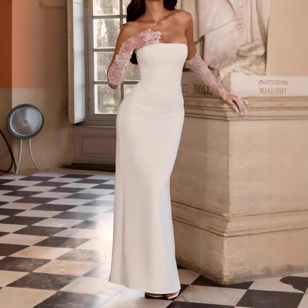 Damen Elegantes Hochzeitskleid mit schulterfreiem Design und Spitzenärmeln EB