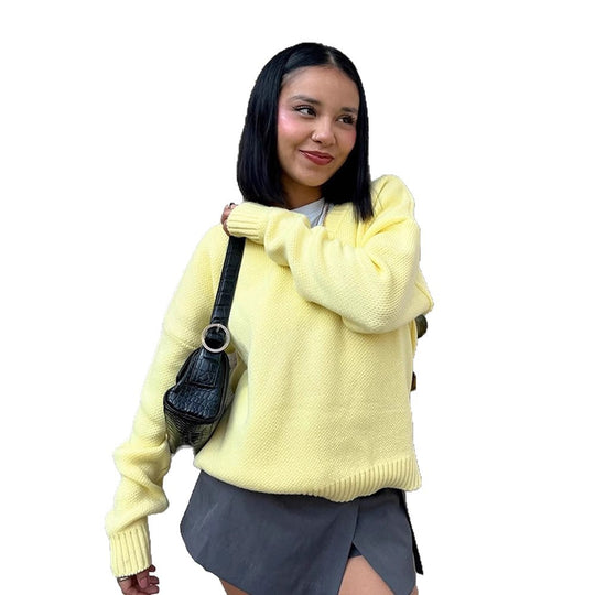 Damen Oversized Strickpullover mit V-Ausschnitt und lässigem Schnitt EB
