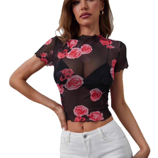 Damen nan tailliertes Netz-Crop-Top mit Rosenprint, Stehkragen und welligem Saum EB