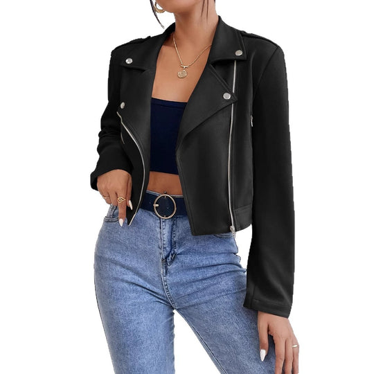 Damen Stylische Kunstjacke im Biker-Stil mit asymmetrischem Reißverschluss EB