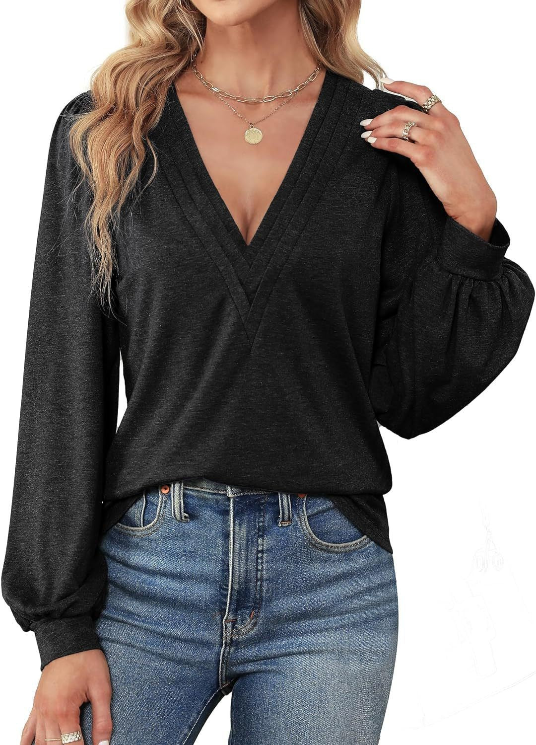 Damen Elegantes Blusenshirt mit V-Ausschnitt und puffförmigen Ärmeln EB