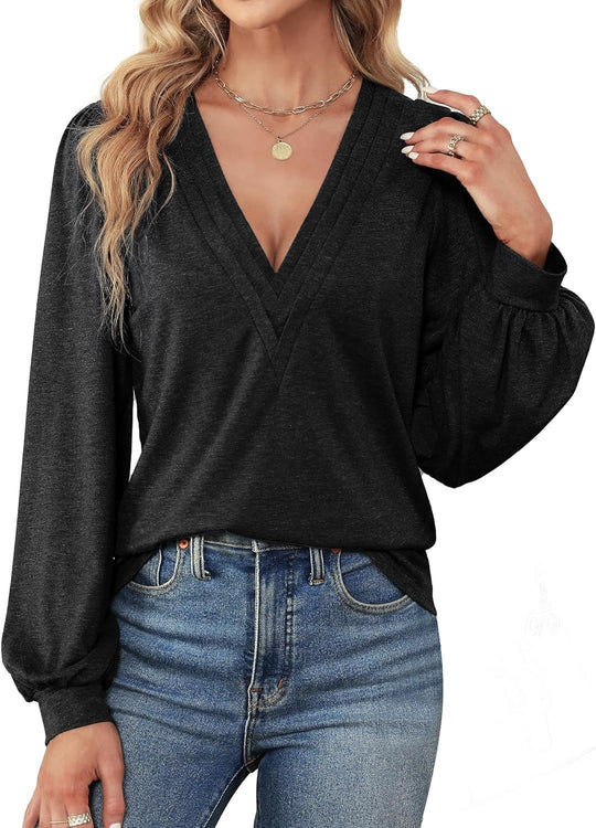 Damen Elegantes Blusenshirt mit V-Ausschnitt und puffförmigen Ärmeln EB