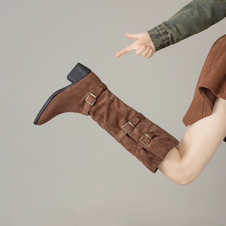 Damen Overknee Stiefel mit modischen Schnallen EB