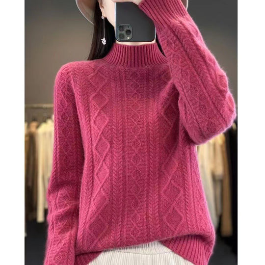 Damen Hochwertiger Strickpullover mit Stehkragen und Zopfdesign EB