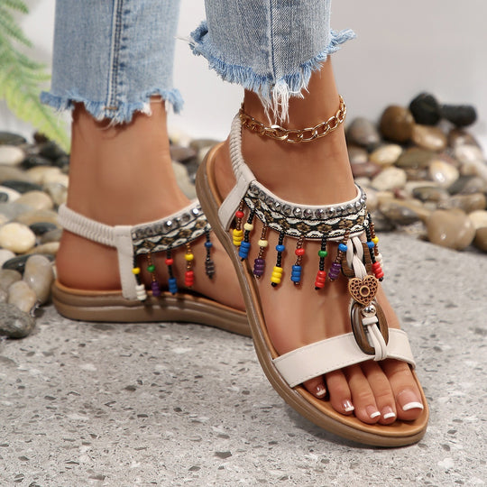 Damen Riemensandalen mit bunten Perlen und komfortablem Fußbett EB