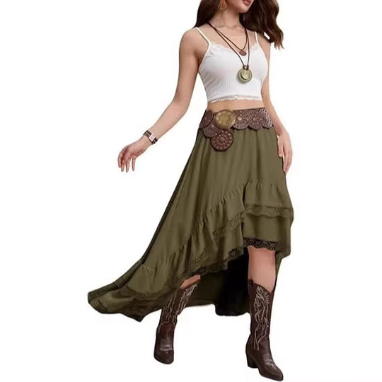 Damen Boho Maxi-Rock mit asymmetrischem Saum und Spitzenverzierungen EB
