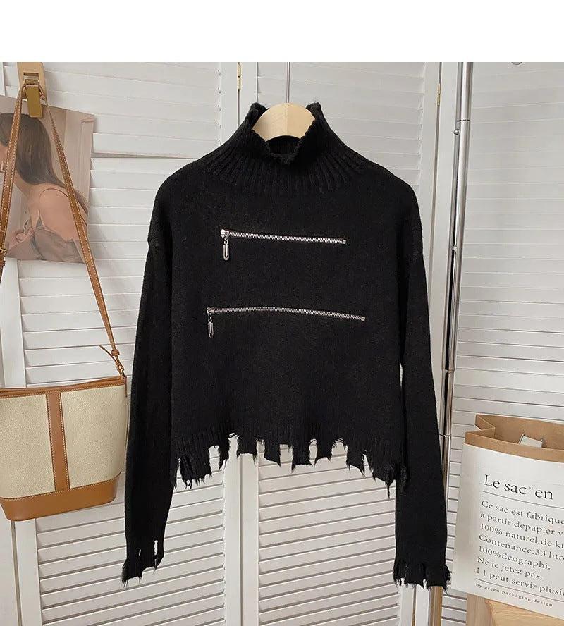 Damen stylischer Stehkragenpullover mit zwei asymmetrischen Reißverschlusstaschen und fransigem Saum EB