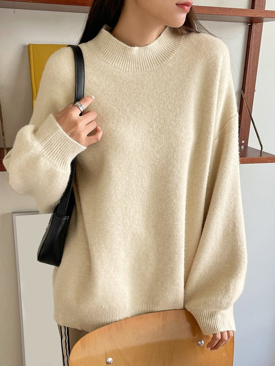 Damen oversized Strickpullover mit Rundhalsausschnitt und breiten Ärmeln EB