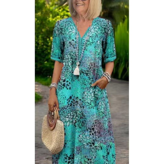 Damen Strandkleid im lässigen Stil mit Taschen und V-Ausschnitt EB