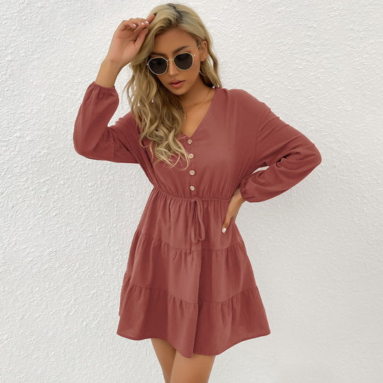 Damen Midi-Kleid mit knöpfbarem Ausschnitt und Taillenbindung EB