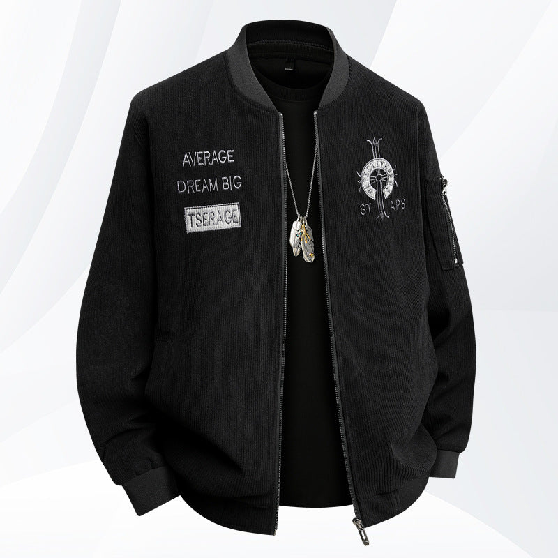 Men's  textured ribbed bomber jacket with embroidered chest crest and zip sleeve pocket EB