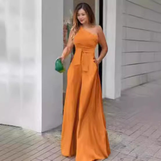 Damen Eleganter Ein-Schulter Jumpsuit mit Gürtel und weitem Bein EB