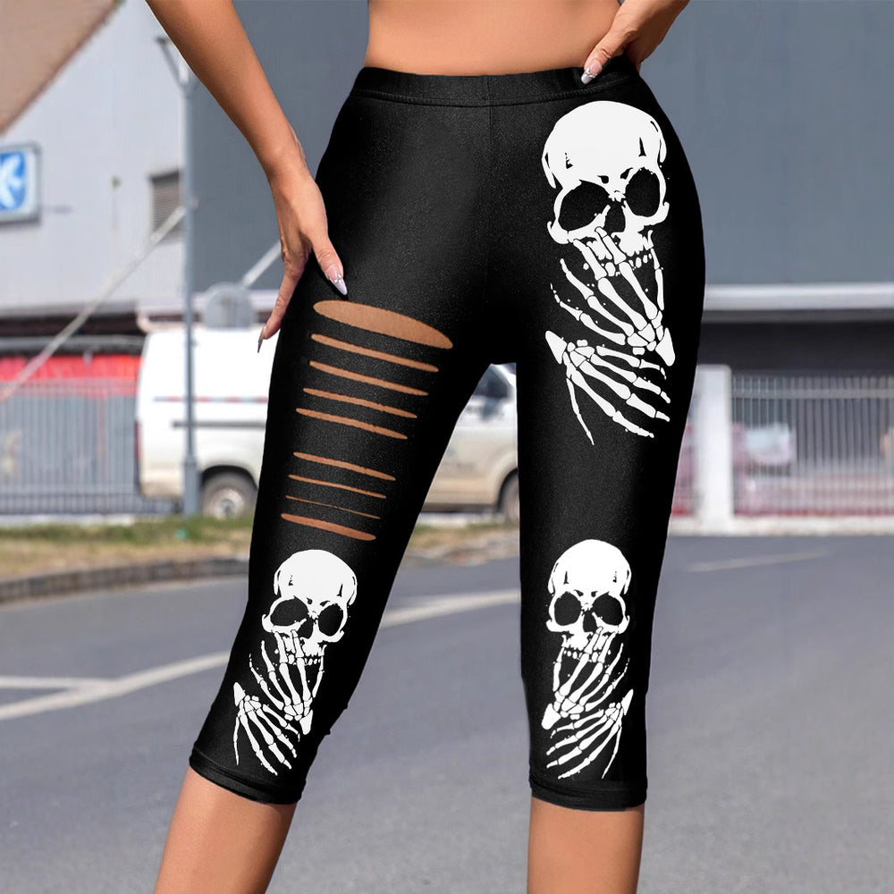 Damen Leggings mit auffälligem Totenkopf-Print und modischen Cut-Outs EB