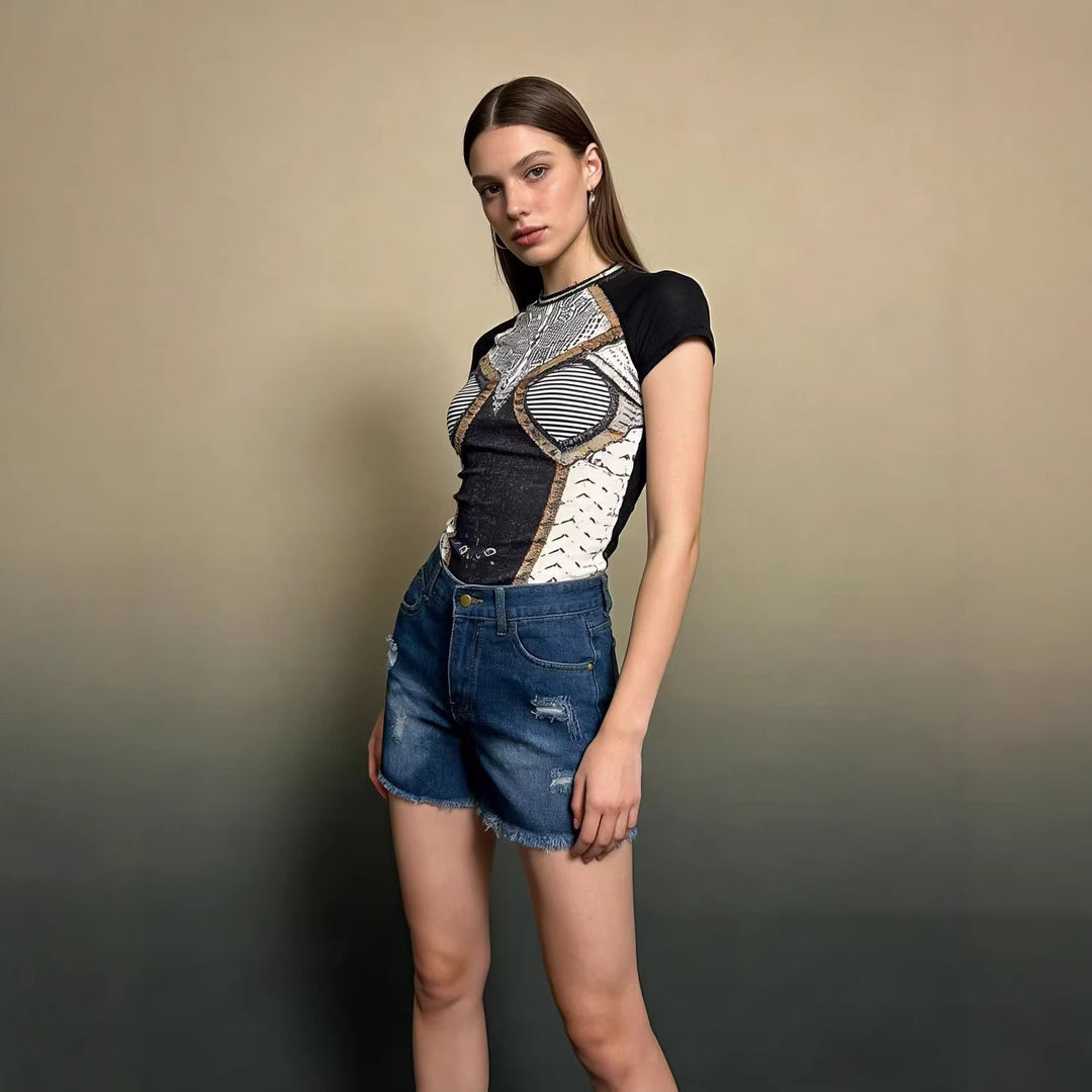 Damen Crop Top und High-Waist Jeans-Shorts EB