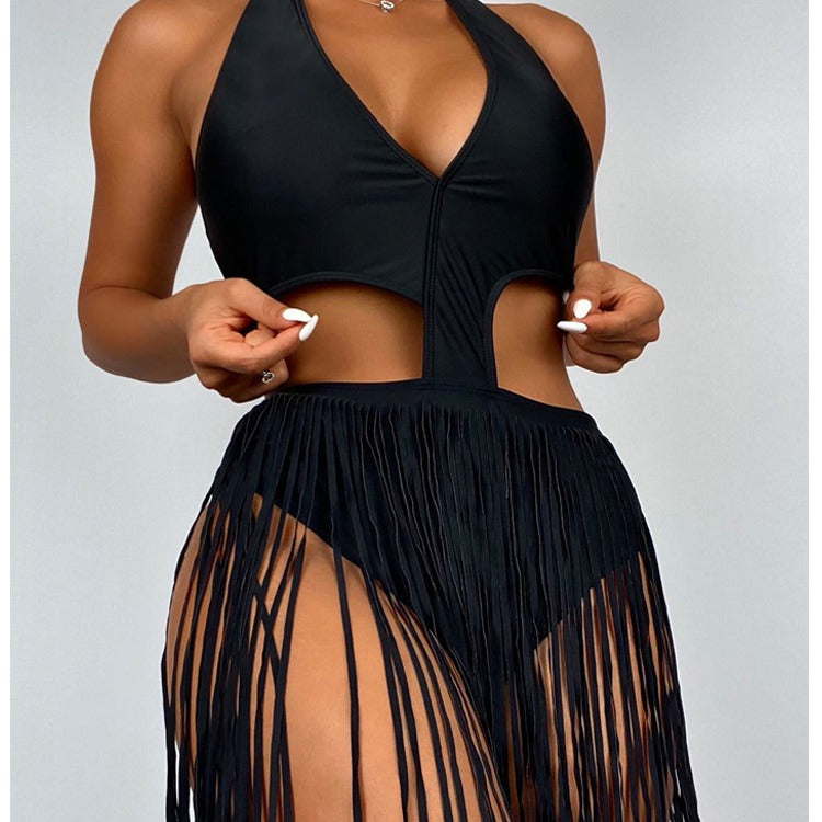 Damen Badeanzug mit geflochtenem Fransenrock EB