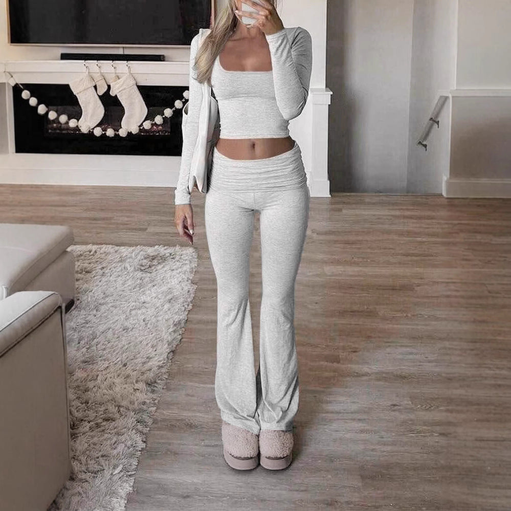 Damen Legeres Lounge-Set mit langärmligem Oberteil und flared Hose EB